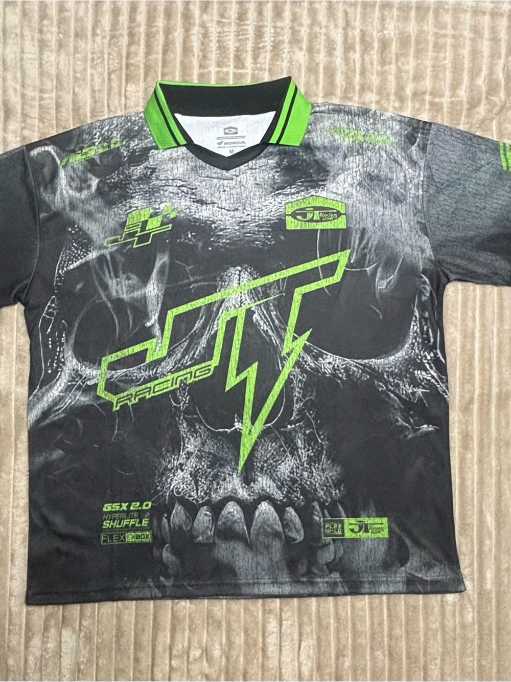 JT Racing Men's Long Sleeve Jersey - Black with Neon Green Accents Honda Skull